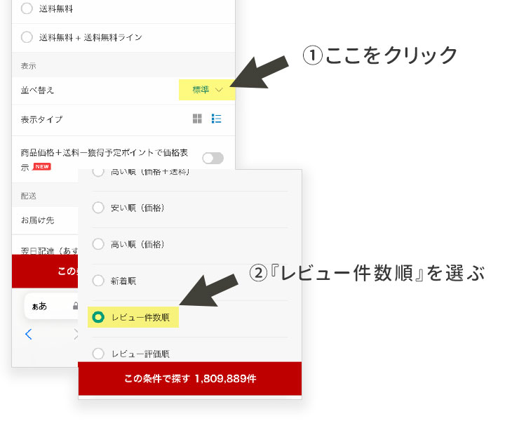 楽天市場では、レビューの件数順に商品を並び替えることができる