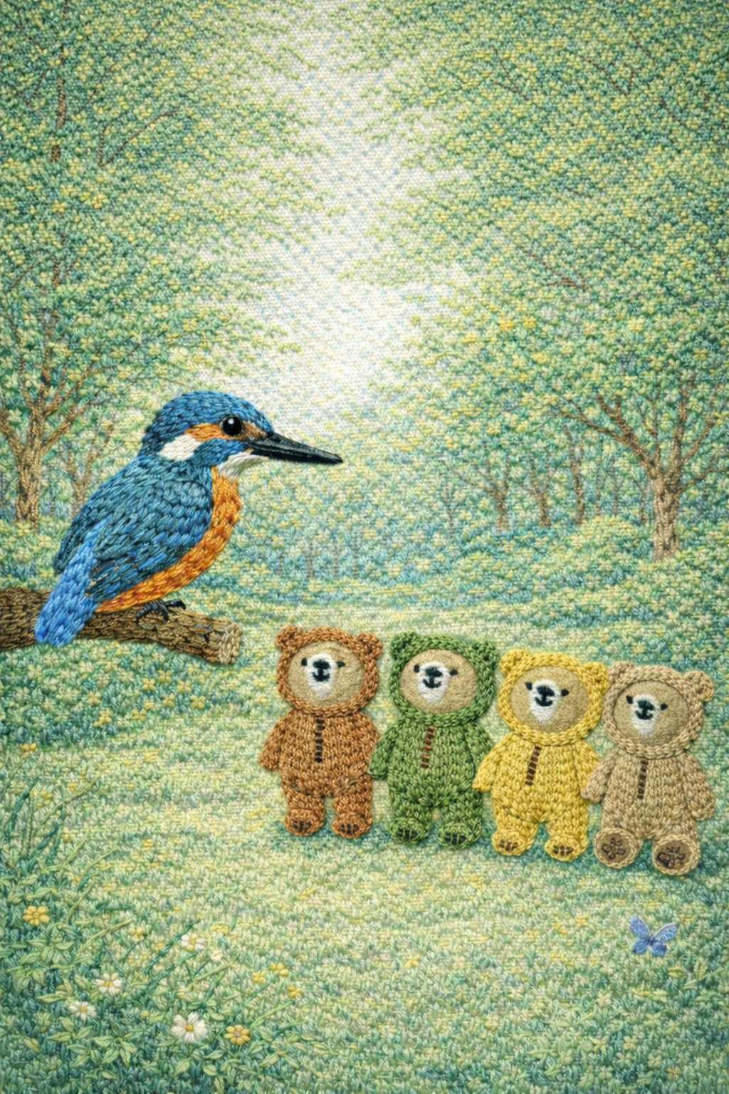 こぐまたちの前にカワセミがやってきました